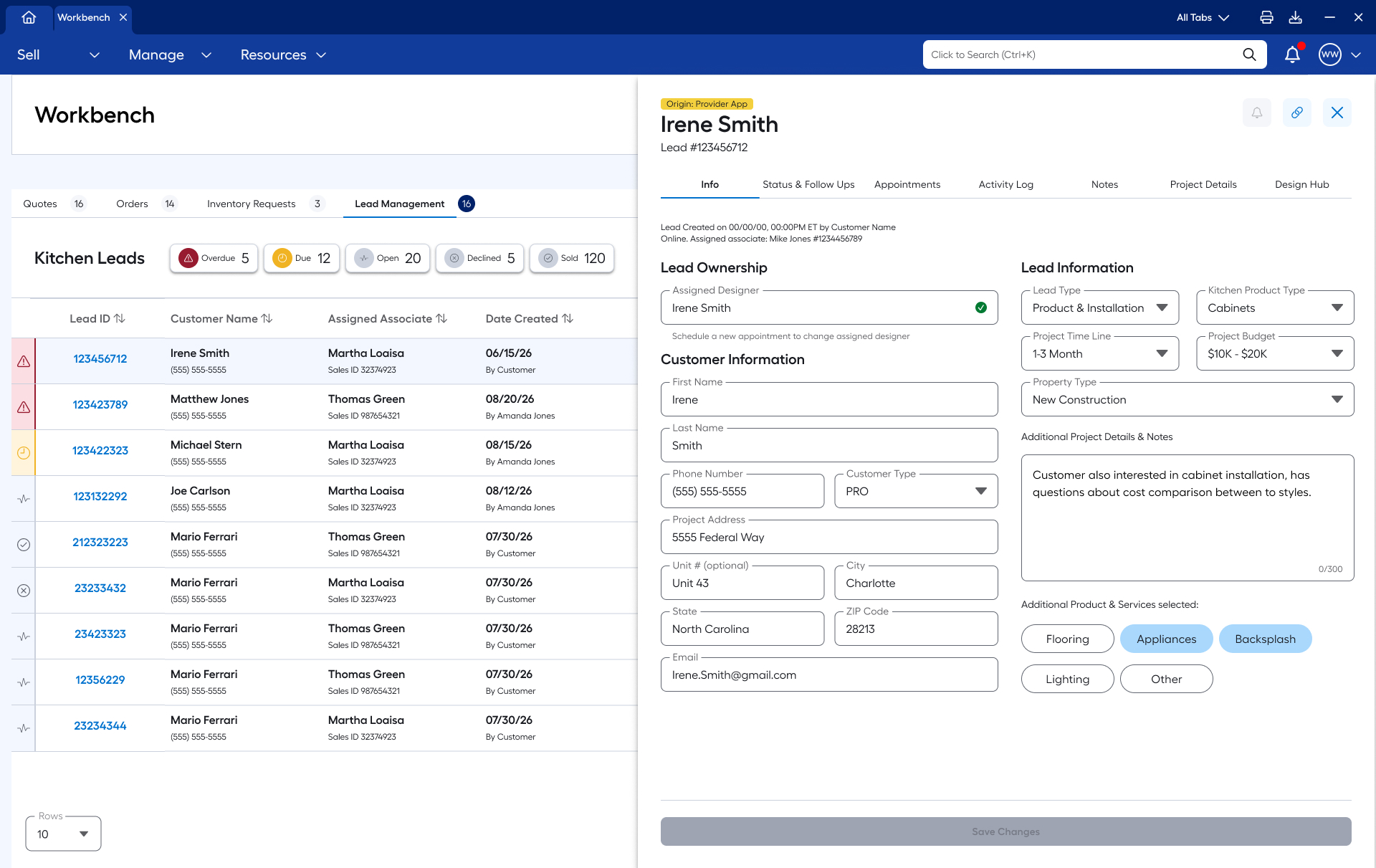 Lead Management System lead detail panel