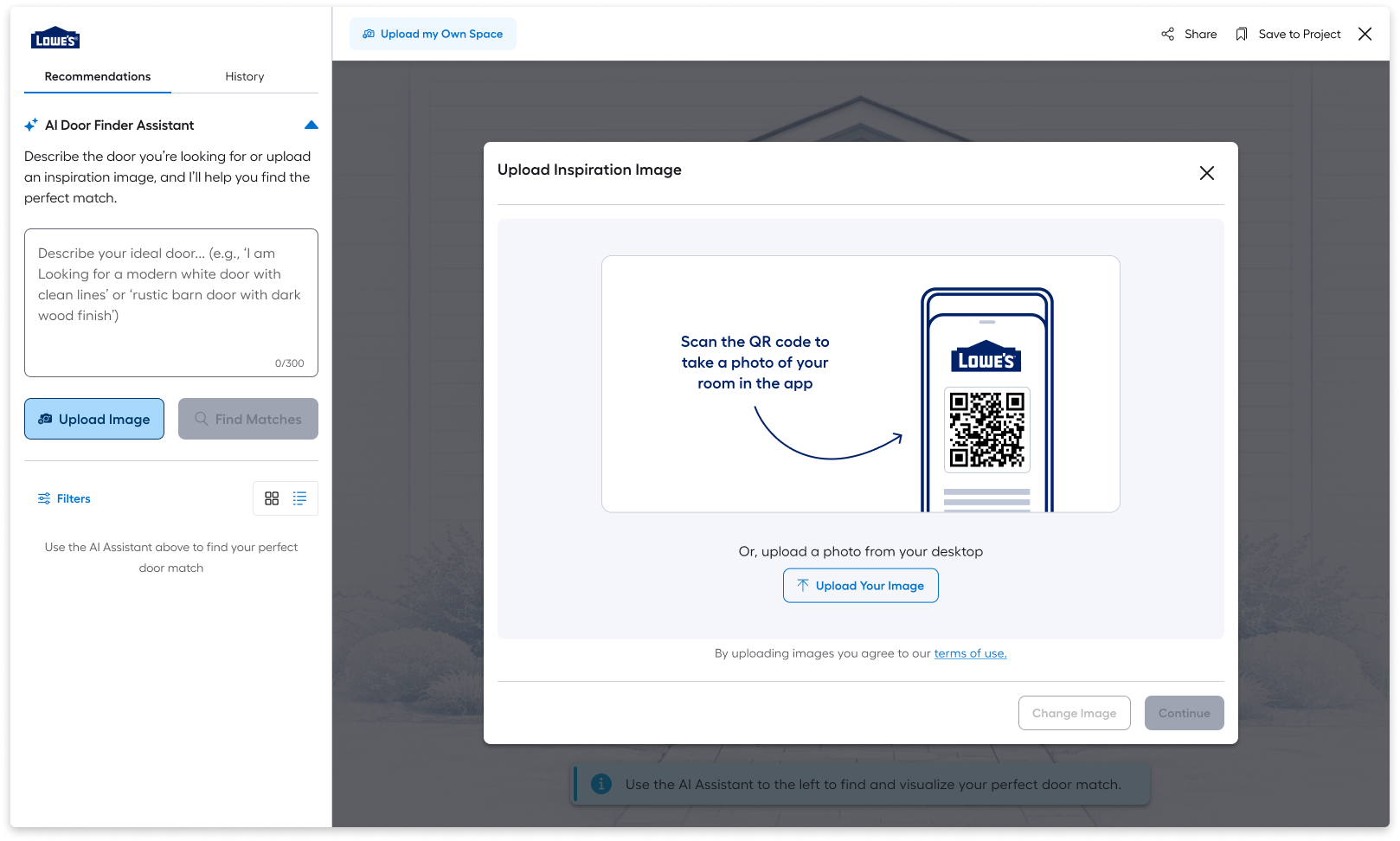 Upload Inspiration Image modal, letting a customer scan a QR code or upload a photo instead of typing a description