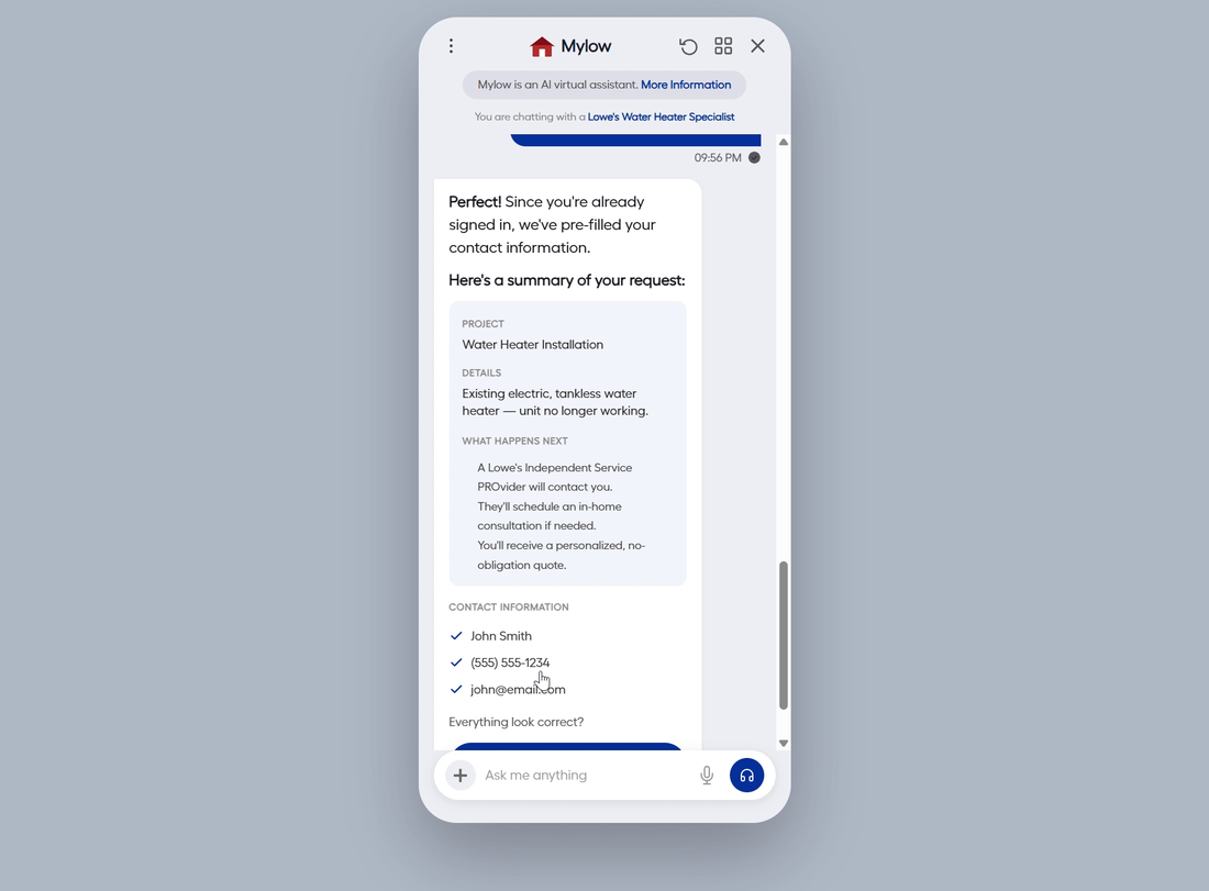 MyLow AI assistant summarizing a customer's water heater request