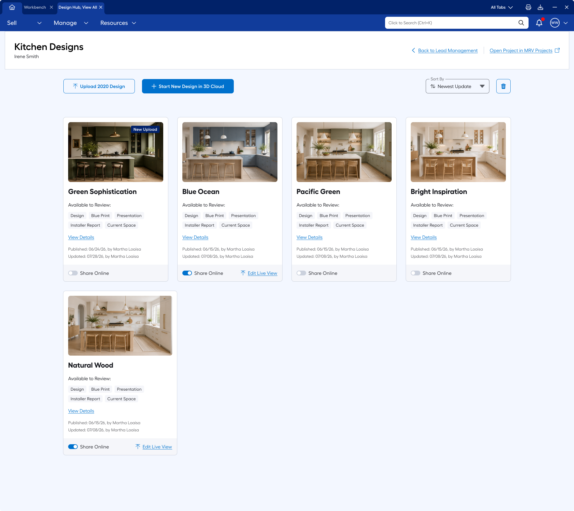 All designs view with Share Online toggle per design