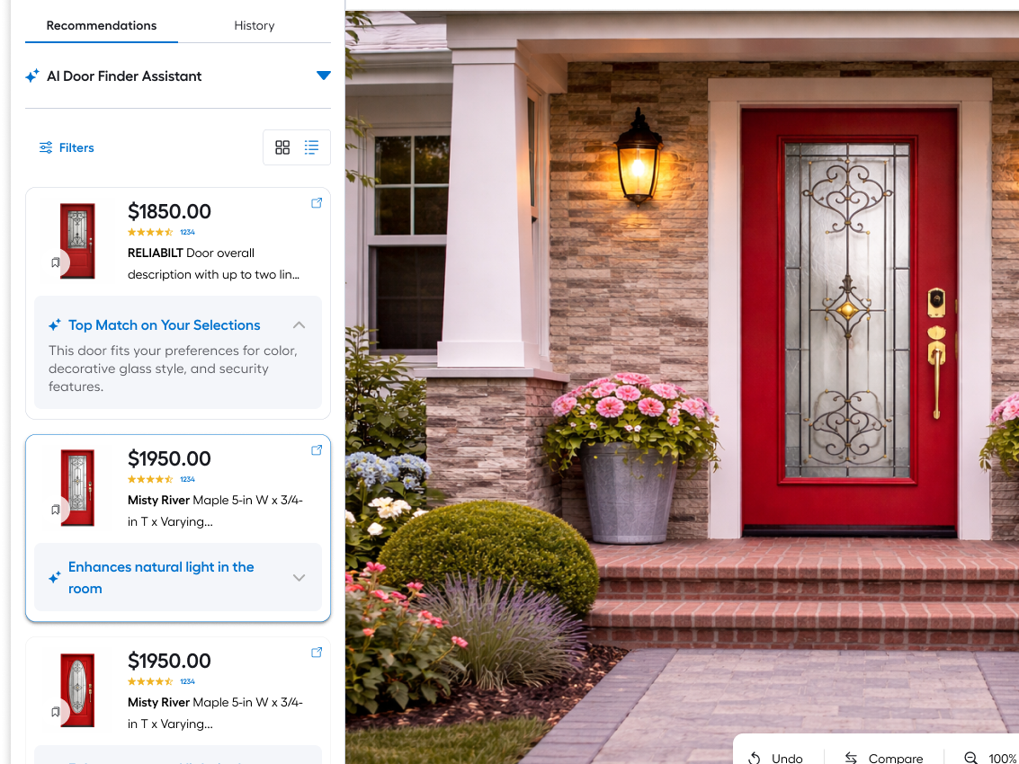 AI-recommended entry door visualized on a customer's home