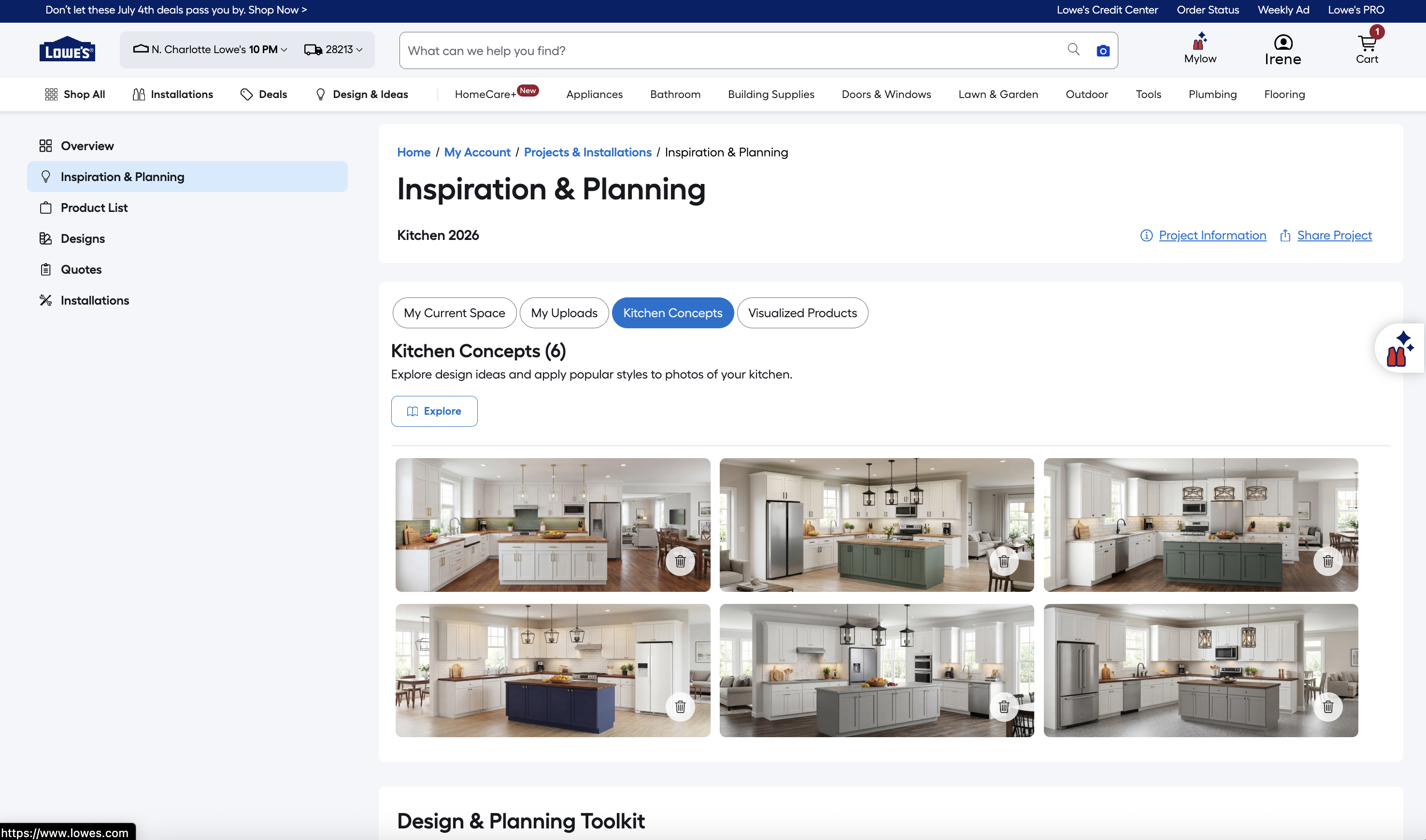 Customer's Project Dashboard showing submitted inspiration images