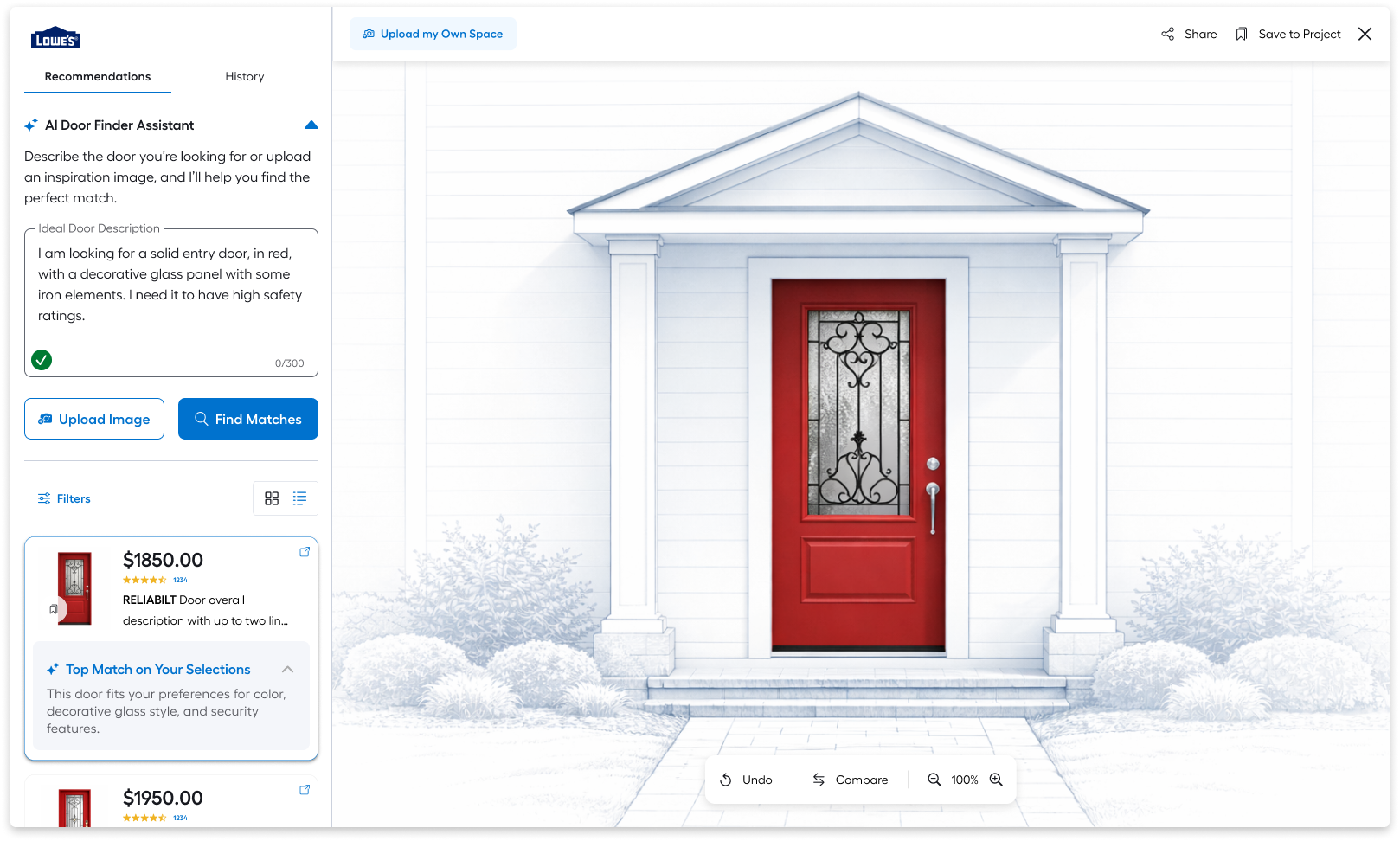 AI Door Finder Assistant showing a natural-language description, a top-matched door with reasoning, and the door visualized on a home