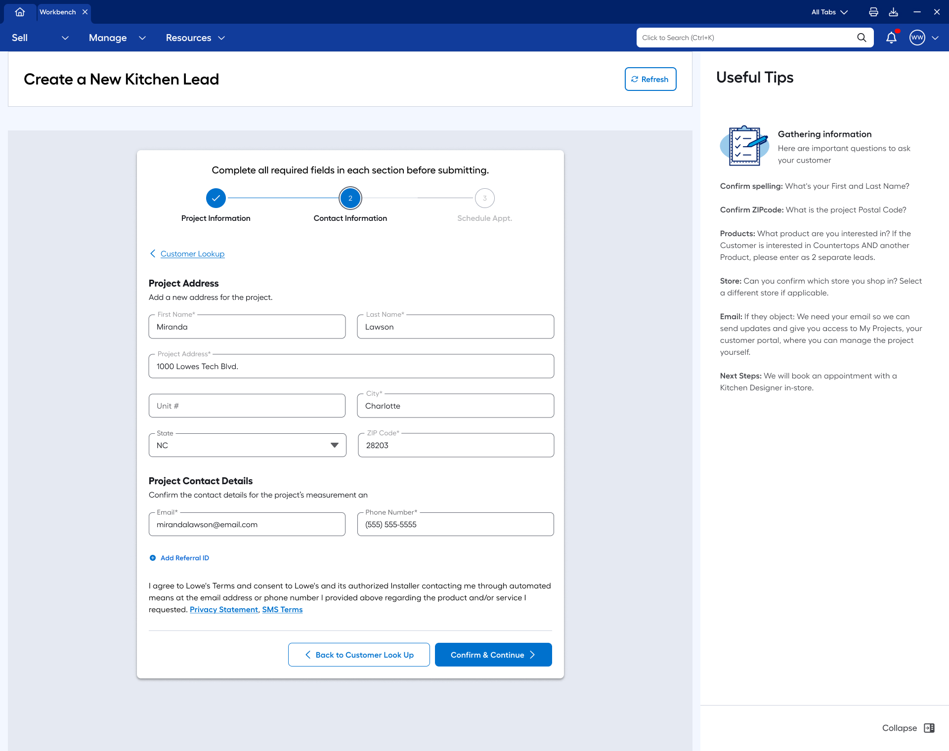 New customer contact form with Useful Tips coaching panel