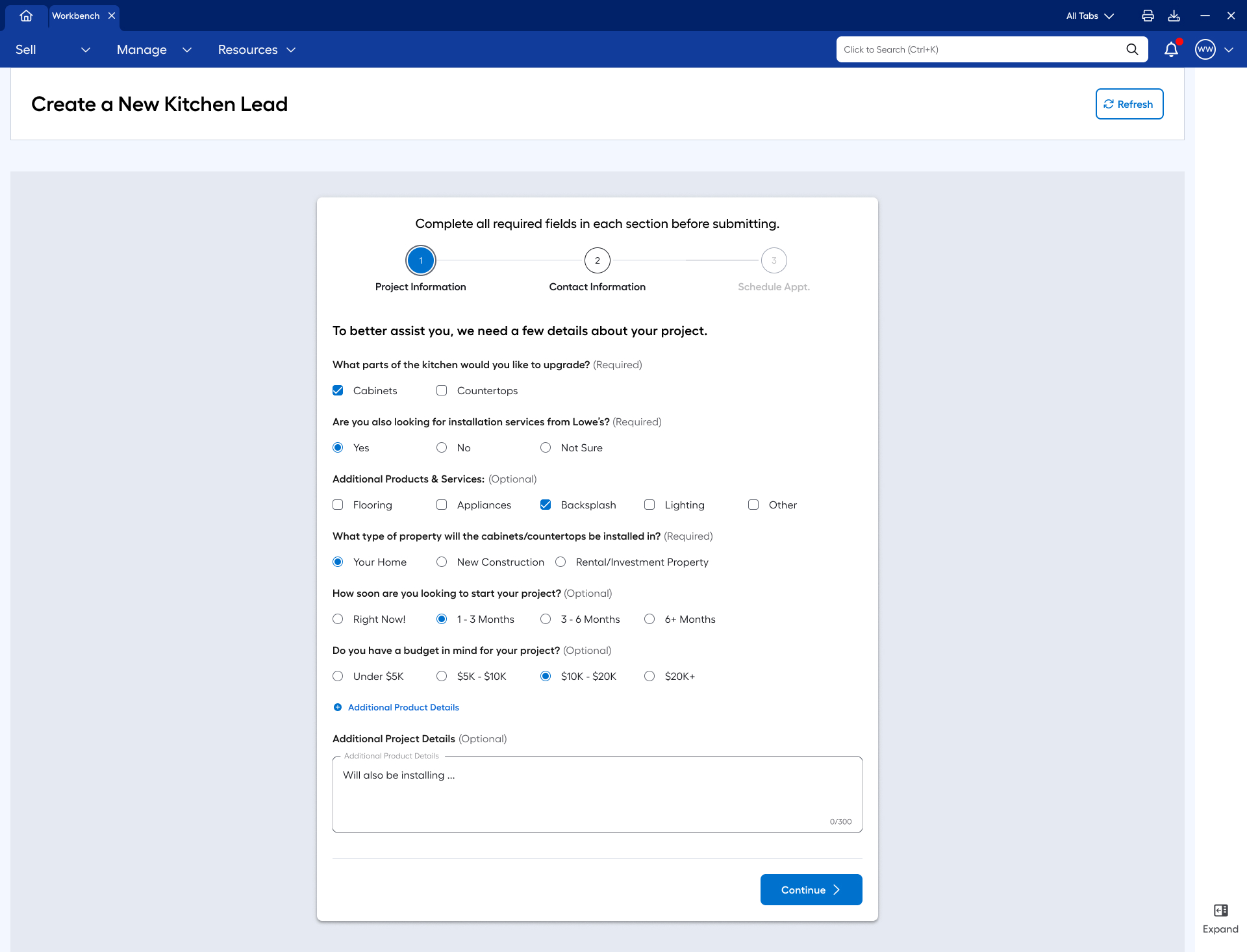 Project Information step showing required and optional fields