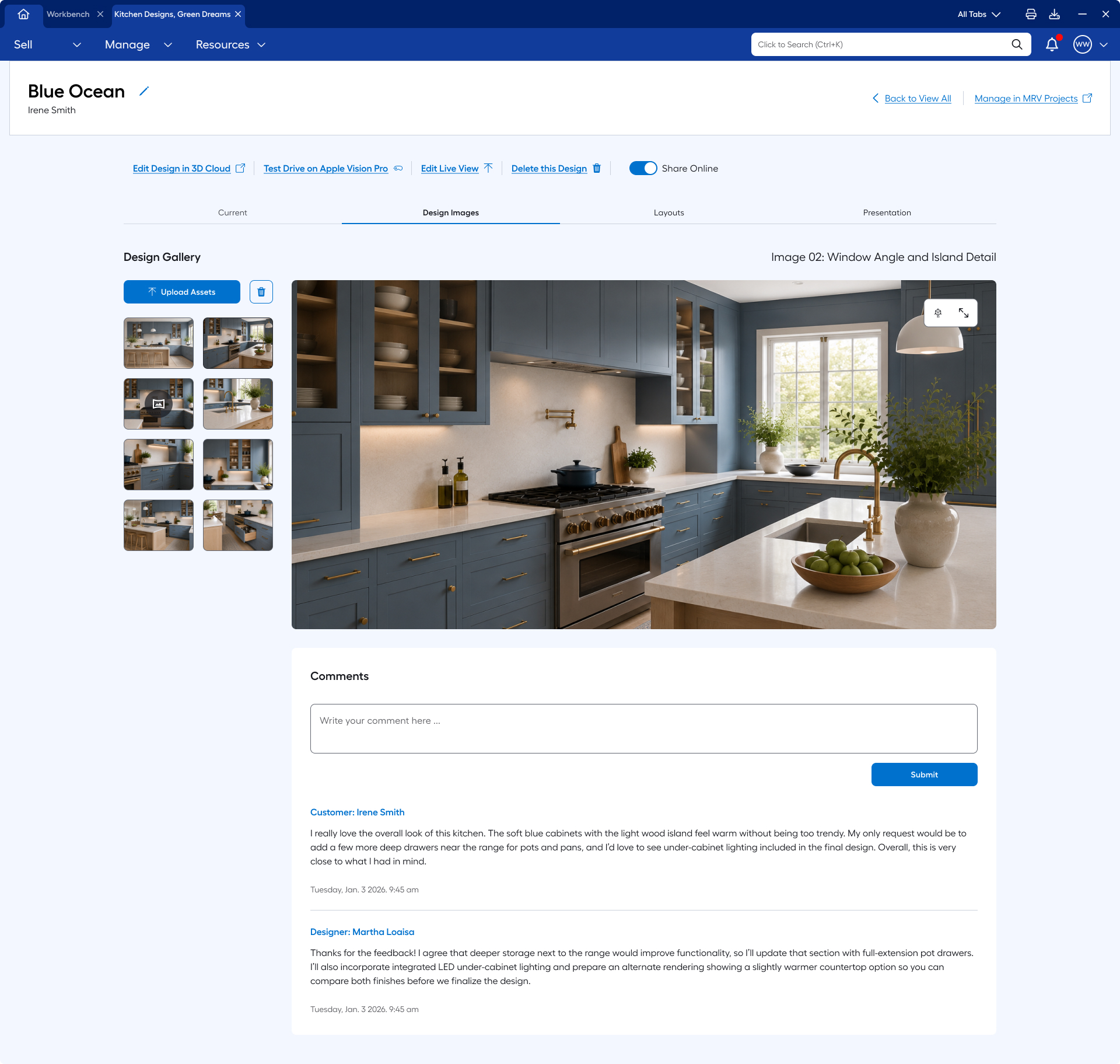 Blue Ocean design review with customer-designer comment thread