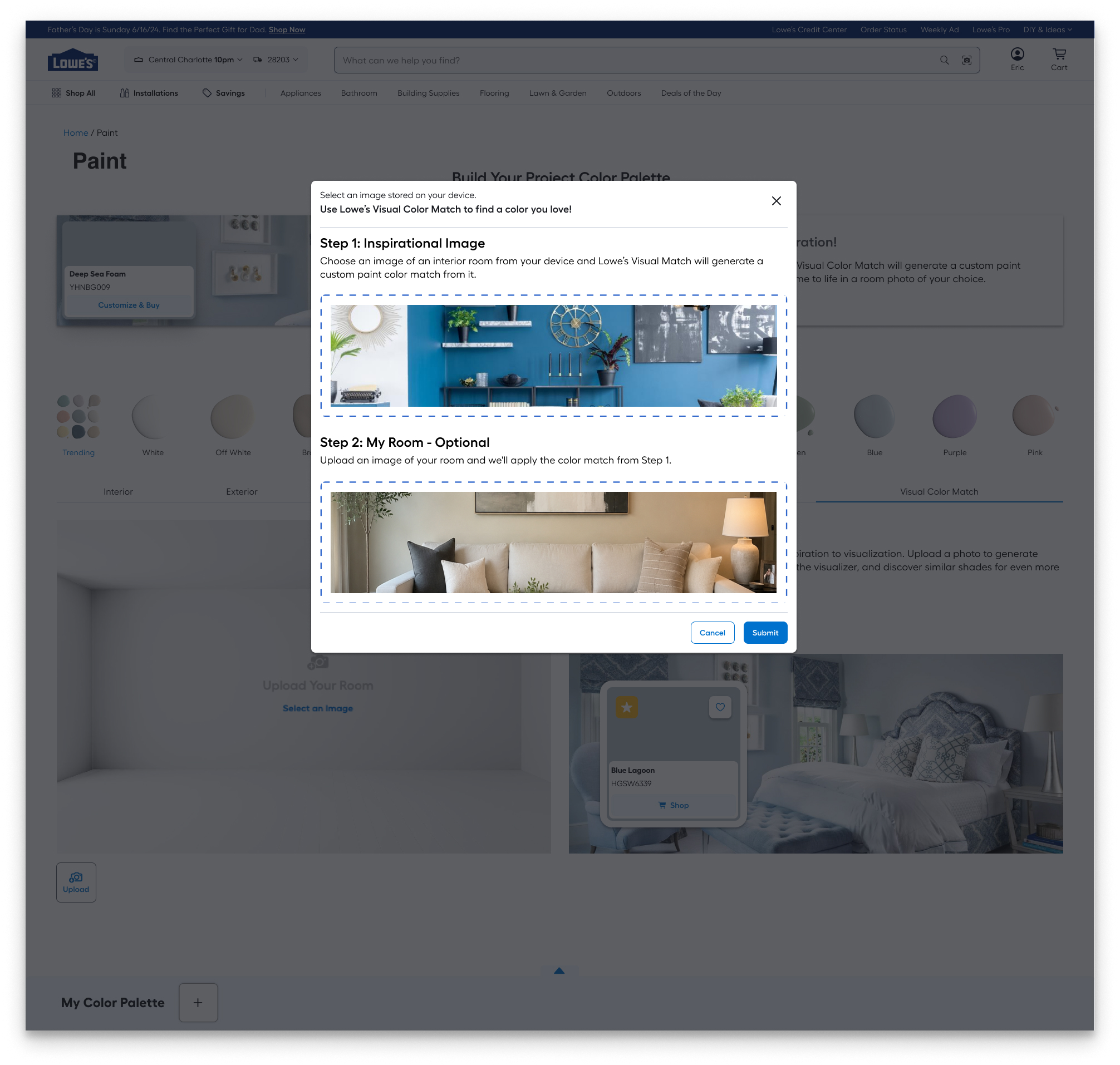 Upload flow showing required inspiration image and optional room image steps