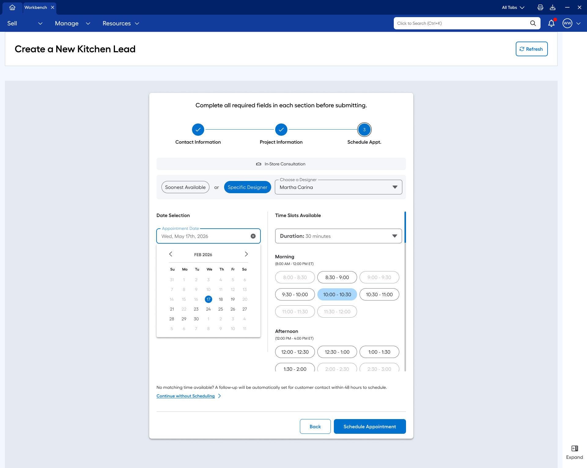 Schedule Appointment step with designer and time slot selection